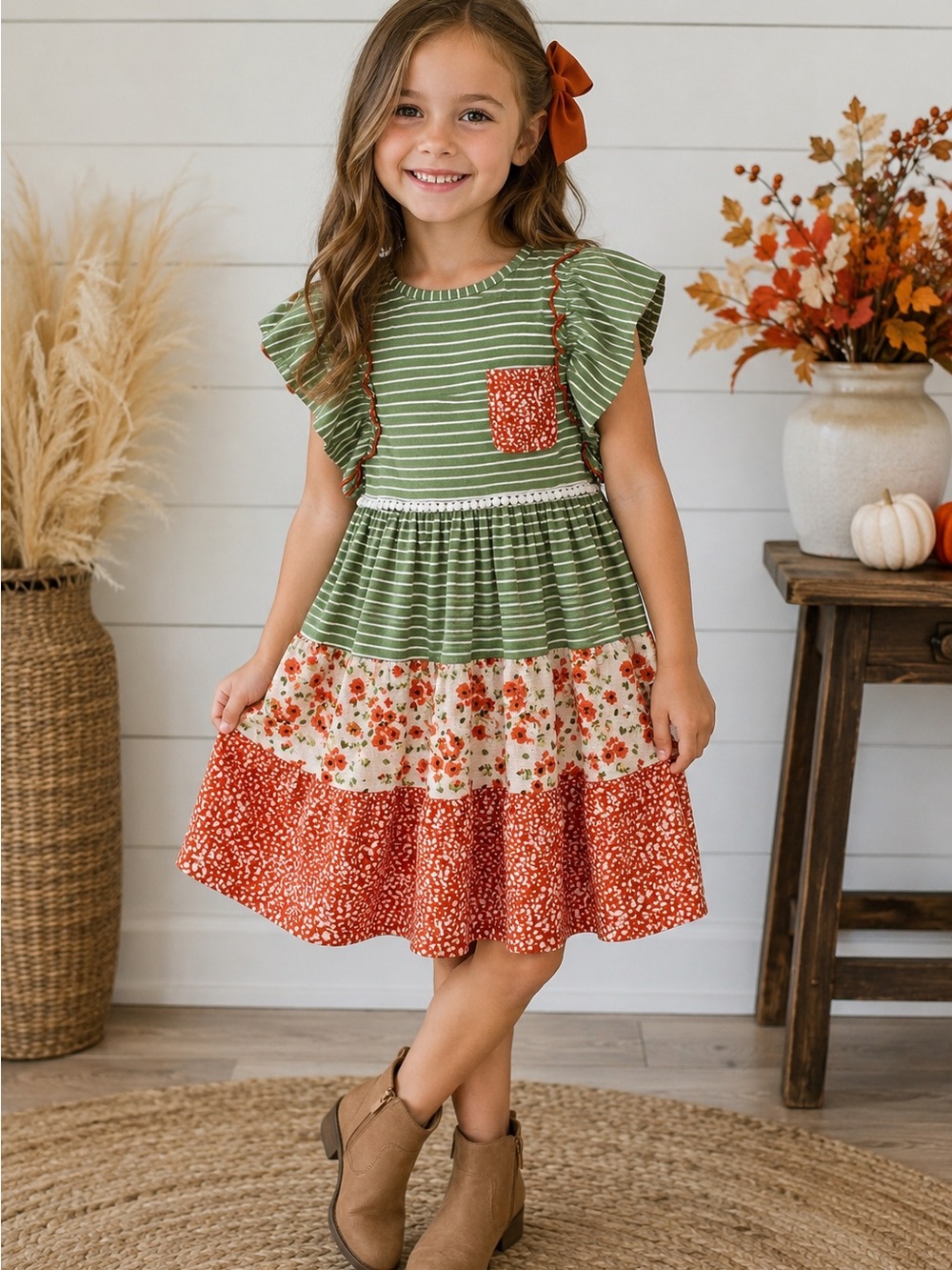 Girls Green Striped & Orange Floral Tiered Dress
